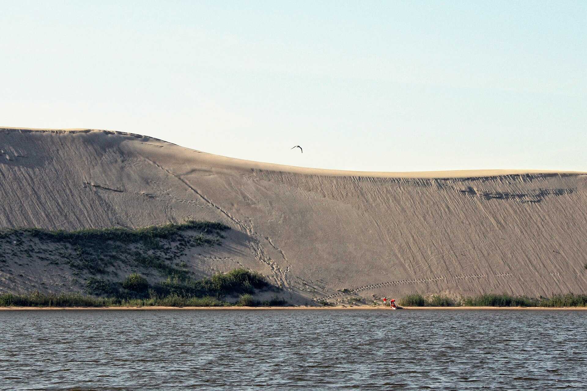 Tall golden sand dunes next to blue water near Nida