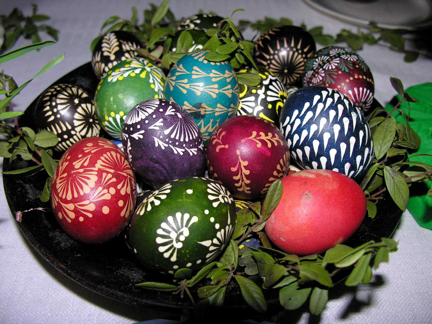 Decorated Easter eggs with colorful wax patterns
